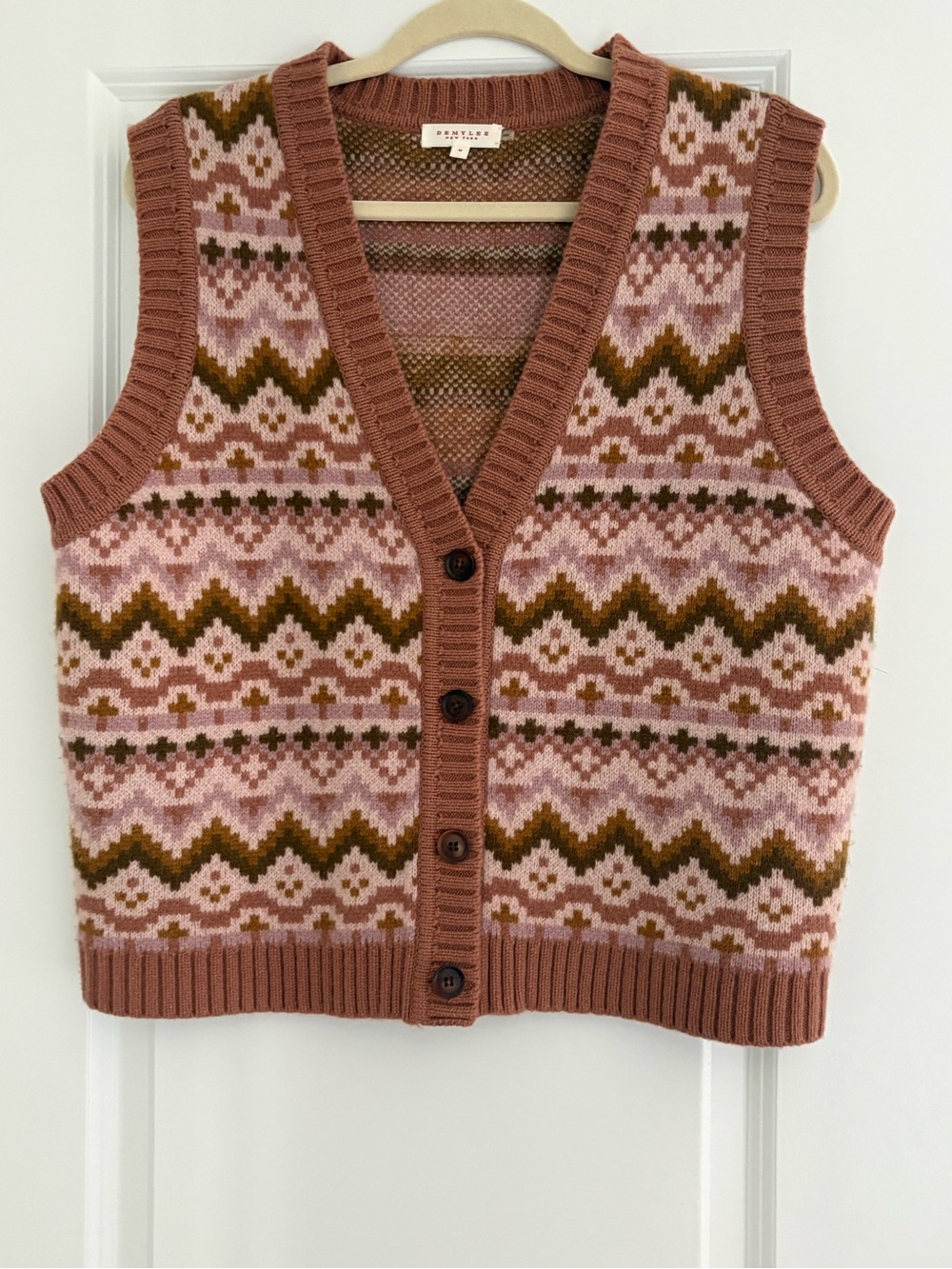Fair Isle Knit Button-Front Sweater Vest - Pink/Mauve